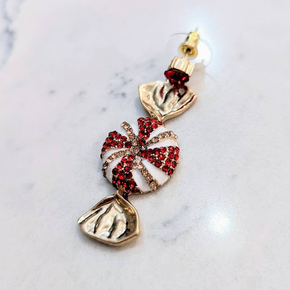 HOLIDAY Red White Sparkle Peppermint Dangle Post Earrings Christmas Gift NEW - Picture 4 of 6